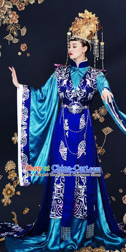 Drama Princess Weiyoung Chinese Ancient Queen Costumes Traditional Southern and Northern Dynasties Empress Blue Apparels and Headwear