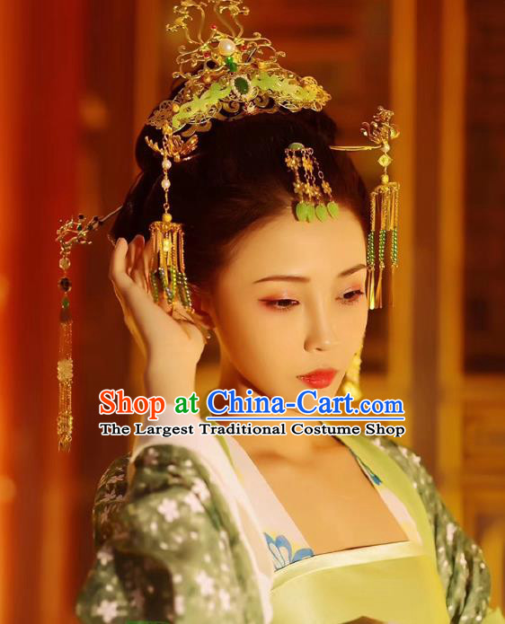 Chinese Ancient Goddess Costumes Traditional Tang Dynasty Princess Light Green Chiffon Hanfu Dress Apparels and Hair Accessories