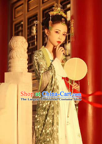 Chinese Ancient Goddess Costumes Traditional Tang Dynasty Princess Light Green Chiffon Hanfu Dress Apparels and Hair Accessories
