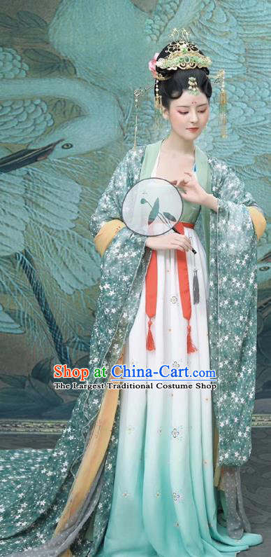 Chinese Ancient Goddess Costumes Traditional Tang Dynasty Princess Light Green Chiffon Hanfu Dress Apparels and Hair Accessories