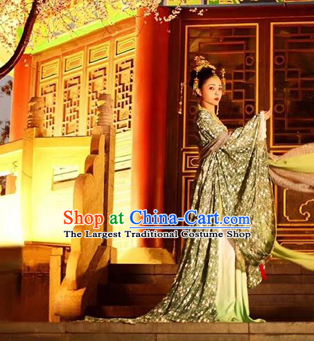 Chinese Ancient Goddess Costumes Traditional Tang Dynasty Princess Light Green Chiffon Hanfu Dress Apparels and Hair Accessories