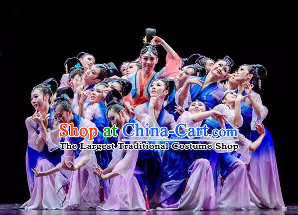 China Classical Dance Costume Traditional Fan Dance Clothing Dance Competition Performance Lilac Dress and Headwear