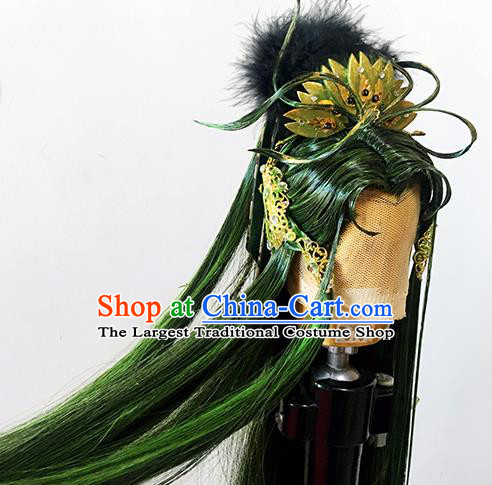 Handmade China Cosplay Royal Prince Wigs Ancient Swordsman BJD Noble Duke Kai Xuan Green Wig Sheath and Hair Accessories