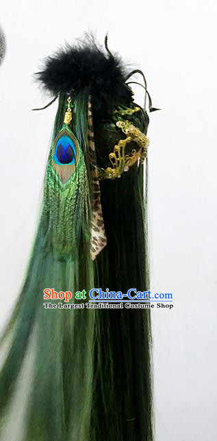 Handmade China Cosplay Royal Prince Wigs Ancient Swordsman BJD Noble Duke Kai Xuan Green Wig Sheath and Hair Accessories