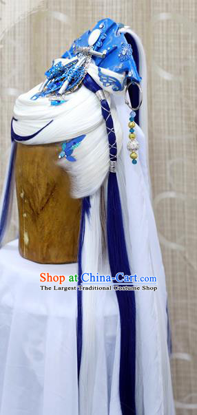 China Ancient Swordsman White Wigs Handmade Cosplay Prince Wig Sheath Stage Performance Hair Accessories