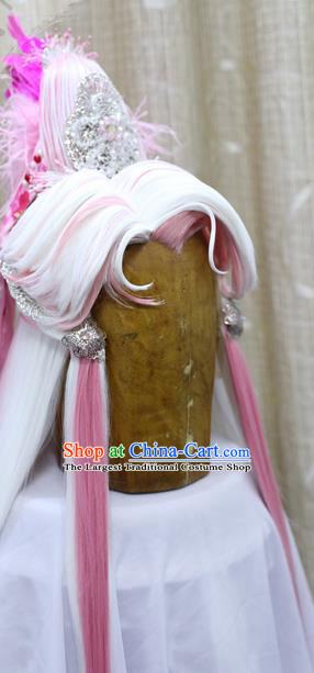 Handmade Cosplay Swordsman Pink Wig Sheath China Ancient Warrior Wigs and Hair Accessories