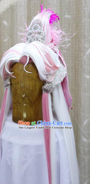 Handmade Cosplay Swordsman Pink Wig Sheath China Ancient Warrior Wigs and Hair Accessories