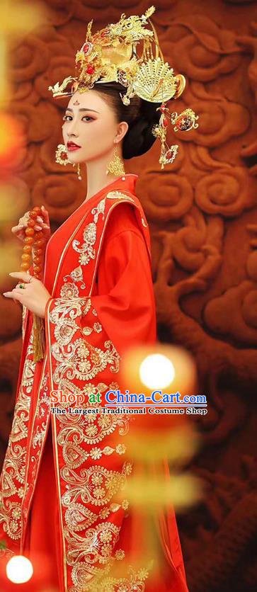 Chinese Traditional Tang Dynasty Costumes Ancient Princess Red Hanfu Dress Clothing and Phoenix Coronet Complete Set