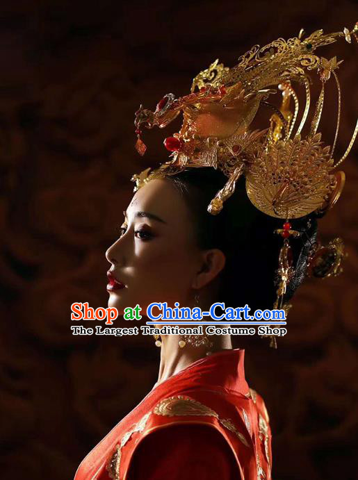 Chinese Traditional Tang Dynasty Costumes Ancient Princess Red Hanfu Dress Clothing and Phoenix Coronet Complete Set