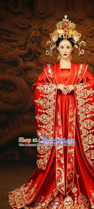 Chinese Traditional Tang Dynasty Costumes Ancient Princess Red Hanfu Dress Clothing and Phoenix Coronet Complete Set