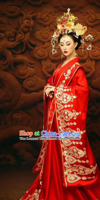 Chinese Traditional Tang Dynasty Costumes Ancient Princess Red Hanfu Dress Clothing and Phoenix Coronet Complete Set