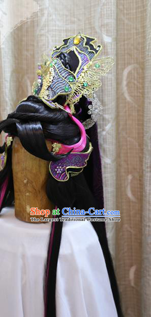 Cosplay Warrior Knight Wig Sheath Handmade China Ancient Swordsman Wigs Style and Purple Hair Crown