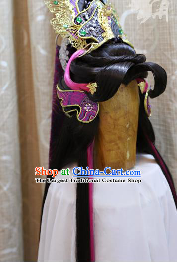 Cosplay Warrior Knight Wig Sheath Handmade China Ancient Swordsman Wigs Style and Purple Hair Crown