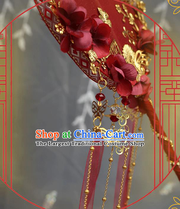 China Classical Red Palace Fans Handmade Hanfu Silk Fans Ribbon Fan