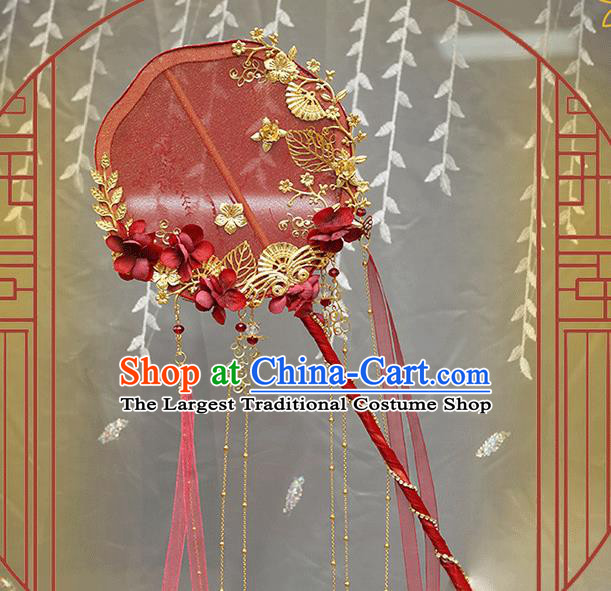 China Classical Red Palace Fans Handmade Hanfu Silk Fans Ribbon Fan