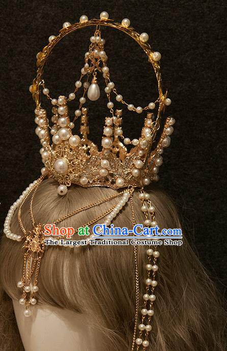 Halloween Cosplay Goddess Pearls Royal Crown Handmade Tassel Hair Accessories