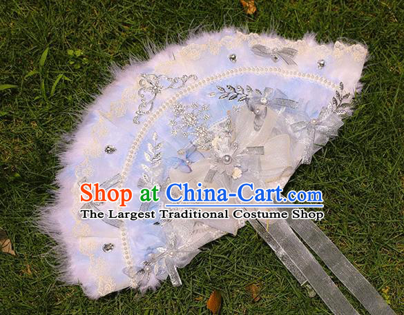 Handmade Wedding Blue Feather Folding Fans Classical Bride Fan Accordion
