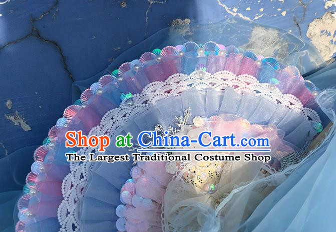 Handmade Wedding Blue Silk Folding Fans Wood Accordion Classical Bride Fan