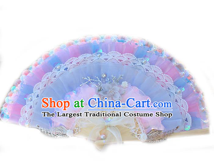 Handmade Wedding Blue Silk Folding Fans Wood Accordion Classical Bride Fan