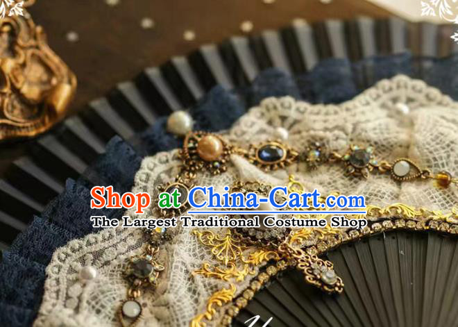 Handmade European Court Folding Fans Classical Dowager Fan Black Lace Accordion