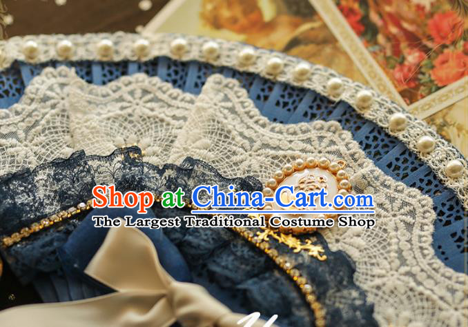 Handmade Pearls Lace Folding Fans Classical European Court Fan Victorian Era Retro Accordion