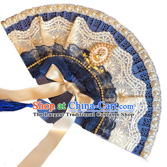Handmade Pearls Lace Folding Fans Classical European Court Fan Victorian Era Retro Accordion