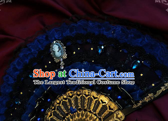 Handmade Blue Silk Roses Folding Fans Classical European Court Fan Victorian Era Lace Accordion