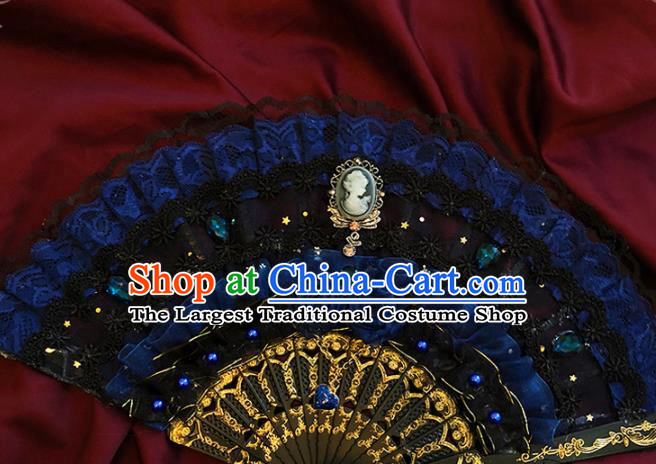 Handmade Blue Silk Roses Folding Fans Classical European Court Fan Victorian Era Lace Accordion