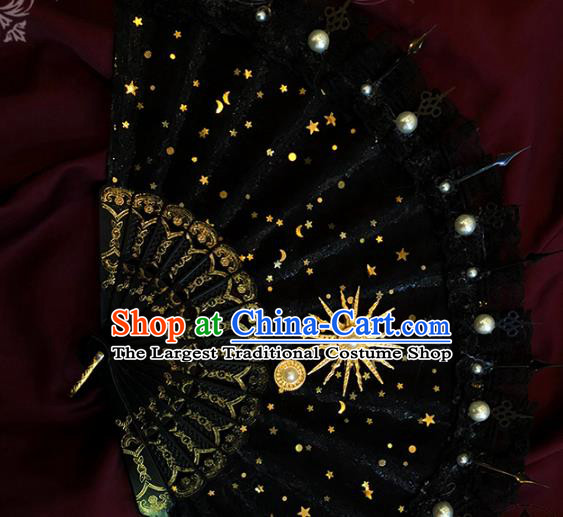Handmade Black Lace Folding Fans Classical Gothic Princess Fan Victorian Era Hexagram Accordion