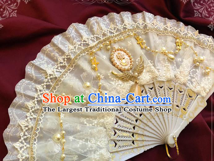 Handmade Beige Lace Folding Fans Classical Gothic Princess Wedding Fan Court Bride Accordion