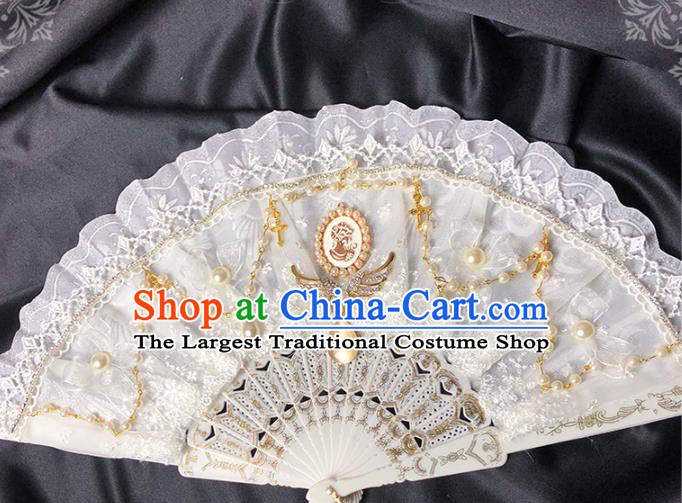 Handmade Beige Lace Folding Fans Classical Gothic Princess Wedding Fan Court Bride Accordion