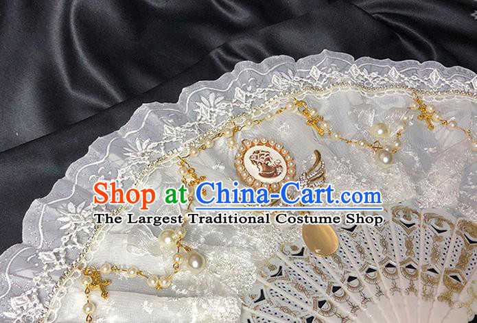 Handmade Beige Lace Folding Fans Classical Gothic Princess Wedding Fan Court Bride Accordion