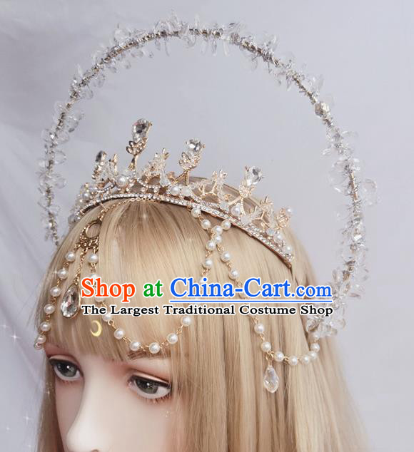 Halloween Cosplay Princess Aureole and Crystal Royal Crown Stage Show Headwear Handmade Goddess Hair Accessories