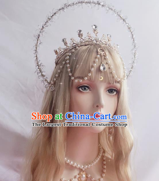 Halloween Cosplay Princess Aureole and Crystal Royal Crown Stage Show Headwear Handmade Goddess Hair Accessories