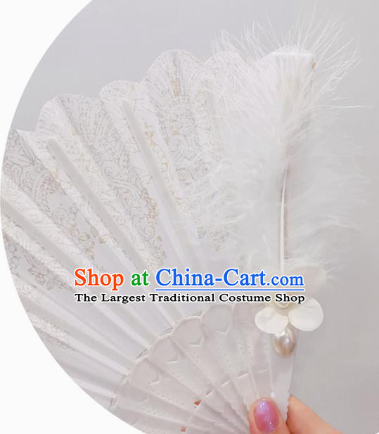 Handmade Retro White Lace Folding Fans Classical Bridal Fan Court Wedding Accordion