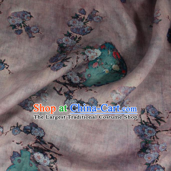 Chinese Traditional Linen Drapery Asian Qipao Dress Flax Cloth Printing Flowers Vase Pattern Lilac Ramine Fabric