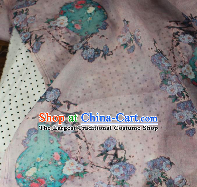 Chinese Traditional Linen Drapery Asian Qipao Dress Flax Cloth Printing Flowers Vase Pattern Lilac Ramine Fabric