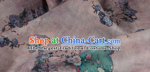 Chinese Traditional Linen Drapery Asian Qipao Dress Flax Cloth Printing Flowers Vase Pattern Lilac Ramine Fabric