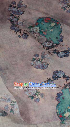 Chinese Traditional Linen Drapery Asian Qipao Dress Flax Cloth Printing Flowers Vase Pattern Lilac Ramine Fabric