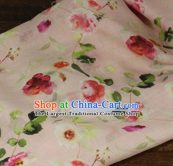 Chinese Printing Flowers Petal Pattern Ramine Fabric Traditional Linen Drapery Asian Qipao Dress Light Pink Flax Cloth