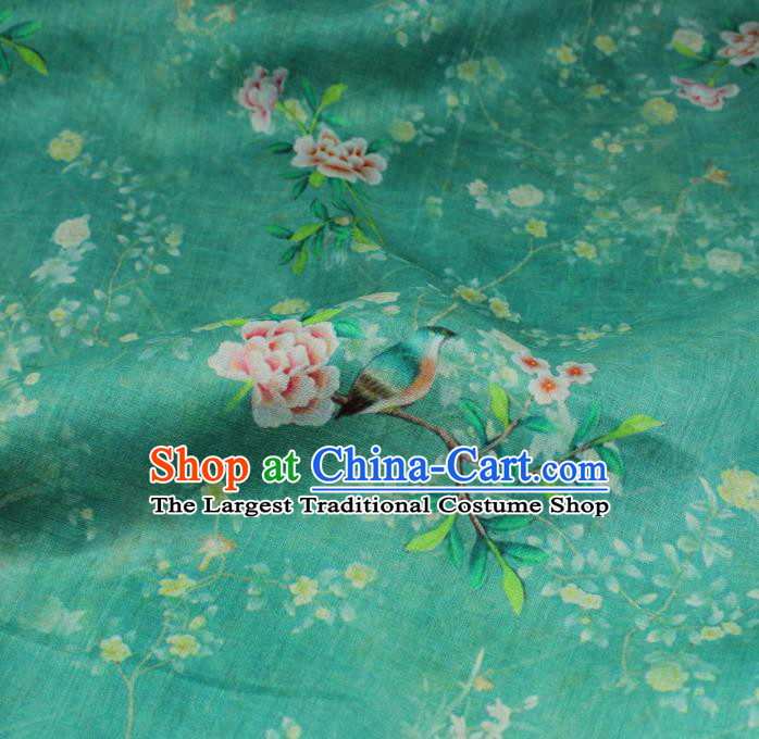 Chinese Printing Peony Bird Pattern Green Ramine Fabric Traditional Linen Drapery Asian Qipao Dress Flax Cloth