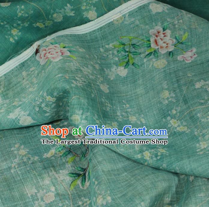 Chinese Printing Peony Bird Pattern Green Ramine Fabric Traditional Linen Drapery Asian Qipao Dress Flax Cloth