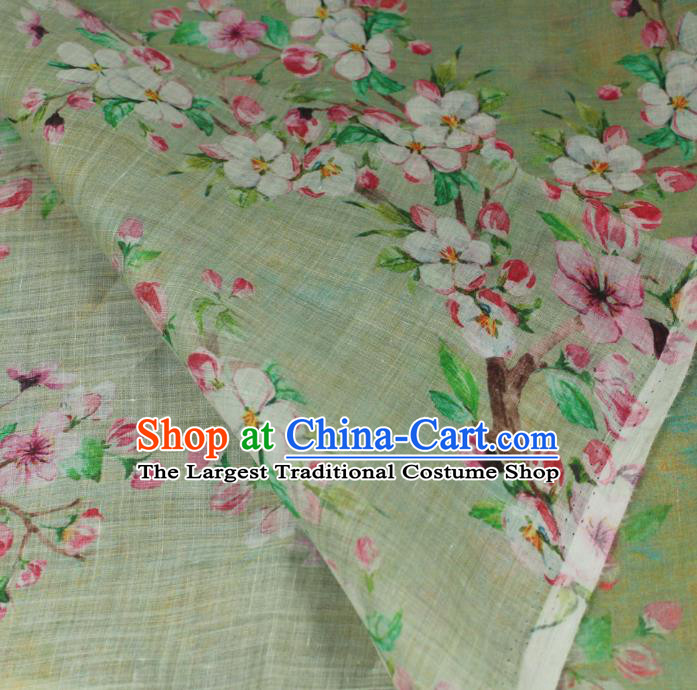 Chinese Light Green Flax Cloth Asian Qipao Dress Linen Drapery Traditional Printing Peach Flowers Pattern Ramine Fabric
