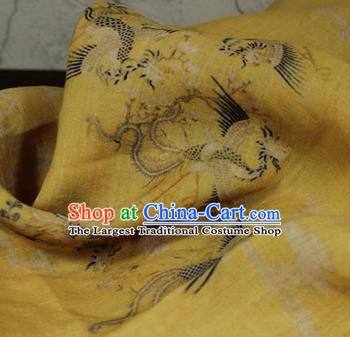 Chinese Traditional Phoenix Pattern Yellow Flax Asian Linen Drapery Qipao Dress Cloth Tang Suit Fabric