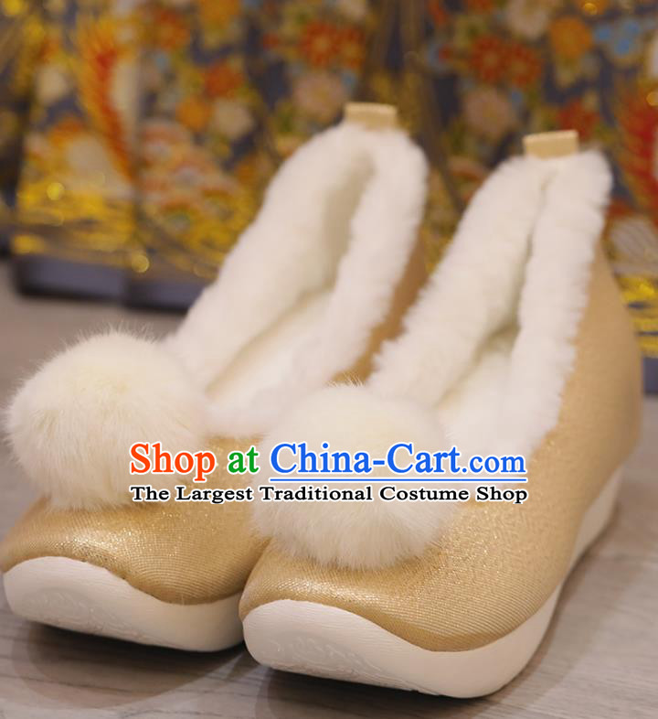 Handmade China Hanfu Shoes Opera Shoes Stage Show Yellow Satin Shoes