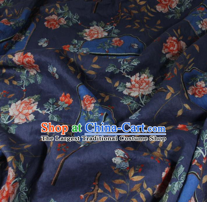 Chinese Printing Peony Fan Pattern Navy Ramine Fabric Qipao Dress Flax Cloth Traditional Asian Linen Drapery