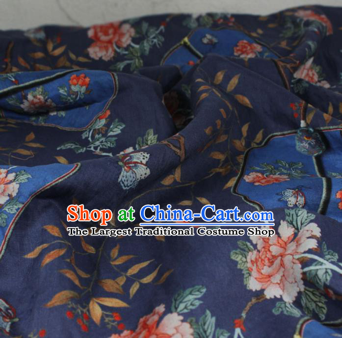 Chinese Printing Peony Fan Pattern Navy Ramine Fabric Qipao Dress Flax Cloth Traditional Asian Linen Drapery