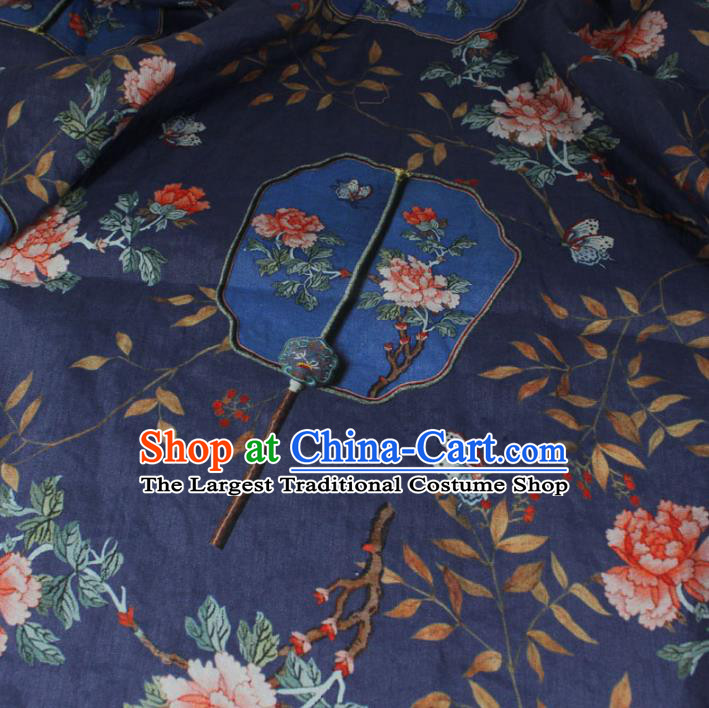 Chinese Printing Peony Fan Pattern Navy Ramine Fabric Qipao Dress Flax Cloth Traditional Asian Linen Drapery