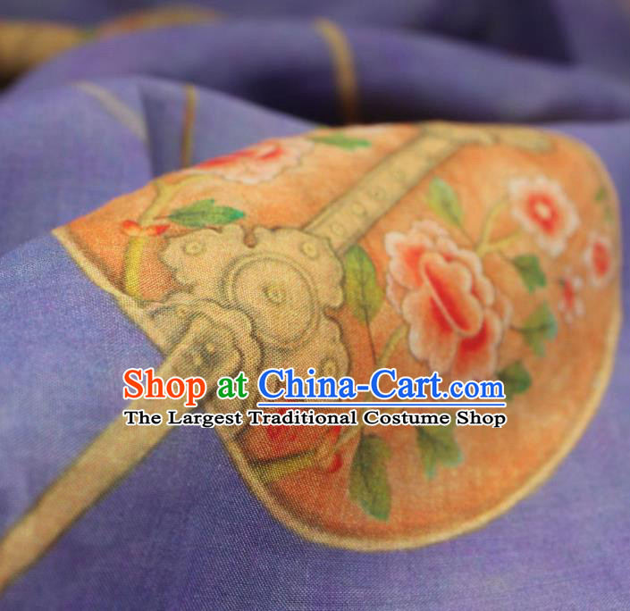 Chinese Printing Plum Peony Fan Pattern Lilac Flax Fabric Traditional Asian Linen Drapery Qipao Dress Cloth