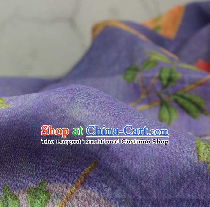 Chinese Printing Plum Peony Fan Pattern Lilac Flax Fabric Traditional Asian Linen Drapery Qipao Dress Cloth